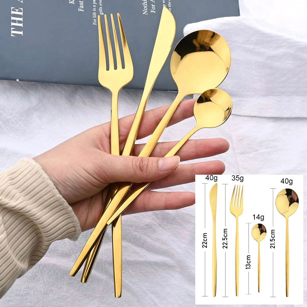 24-teiliges Besteckset – Goldfarbenes Edelstahlbesteck mit schwarzem Griff, Messer, Gabel, Löffel, Geschenkset
