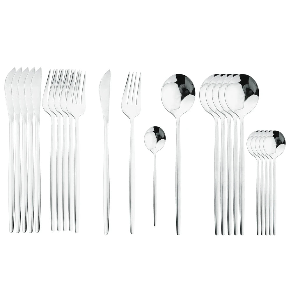 24-teiliges Besteckset – Goldfarbenes Edelstahlbesteck mit schwarzem Griff, Messer, Gabel, Löffel, Geschenkset