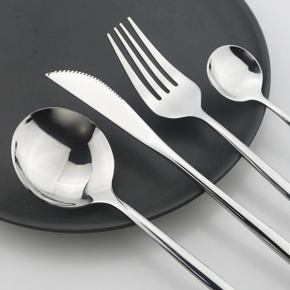24-teiliges Besteckset – Goldfarbenes Edelstahlbesteck mit schwarzem Griff, Messer, Gabel, Löffel, Geschenkset