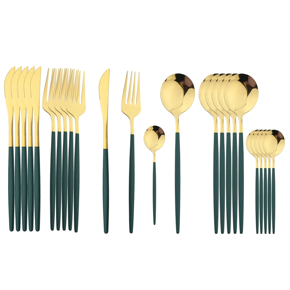 24-teiliges Besteckset – Goldfarbenes Edelstahlbesteck mit schwarzem Griff, Messer, Gabel, Löffel, Geschenkset