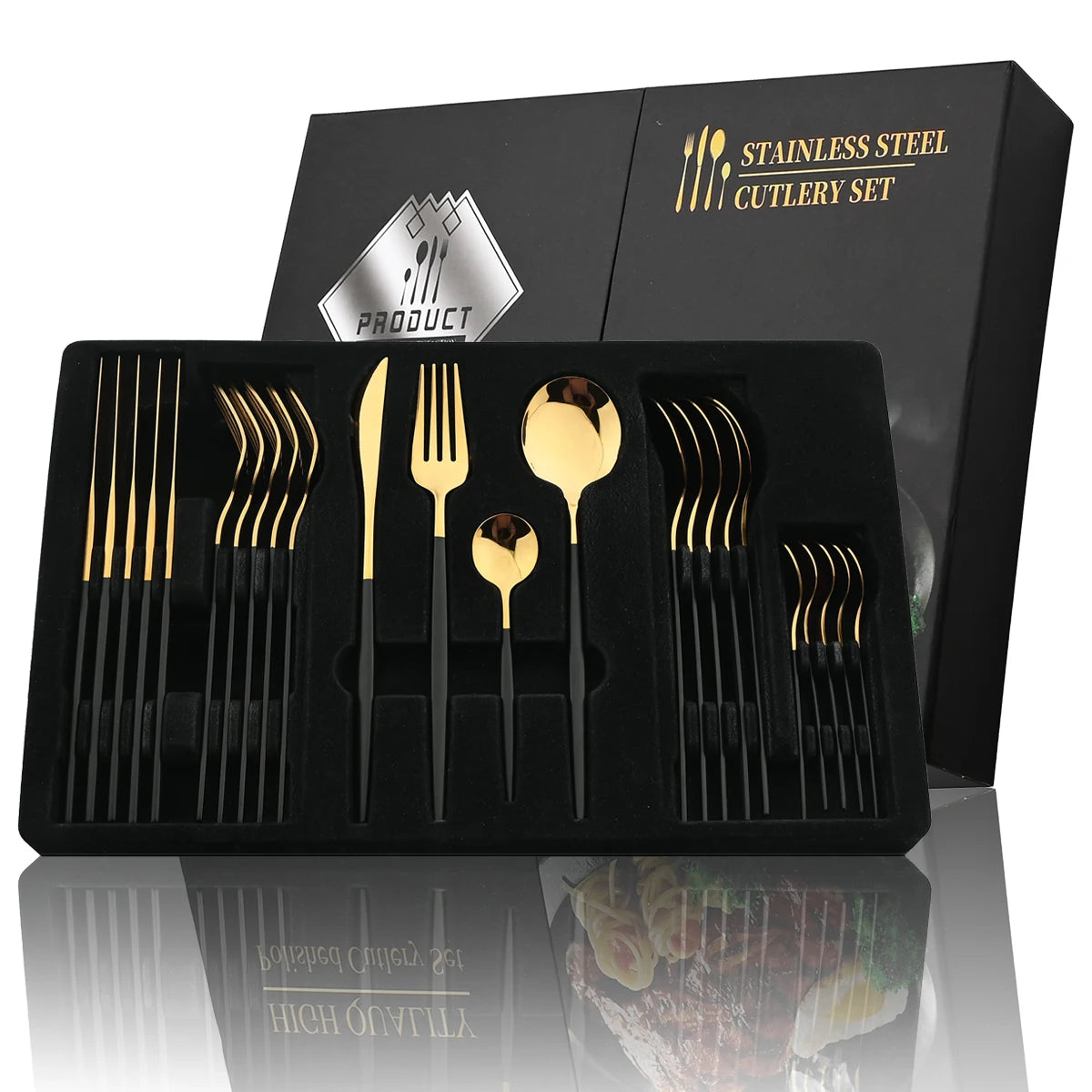 24-teiliges Besteckset – Goldfarbenes Edelstahlbesteck mit schwarzem Griff, Messer, Gabel, Löffel, Geschenkset