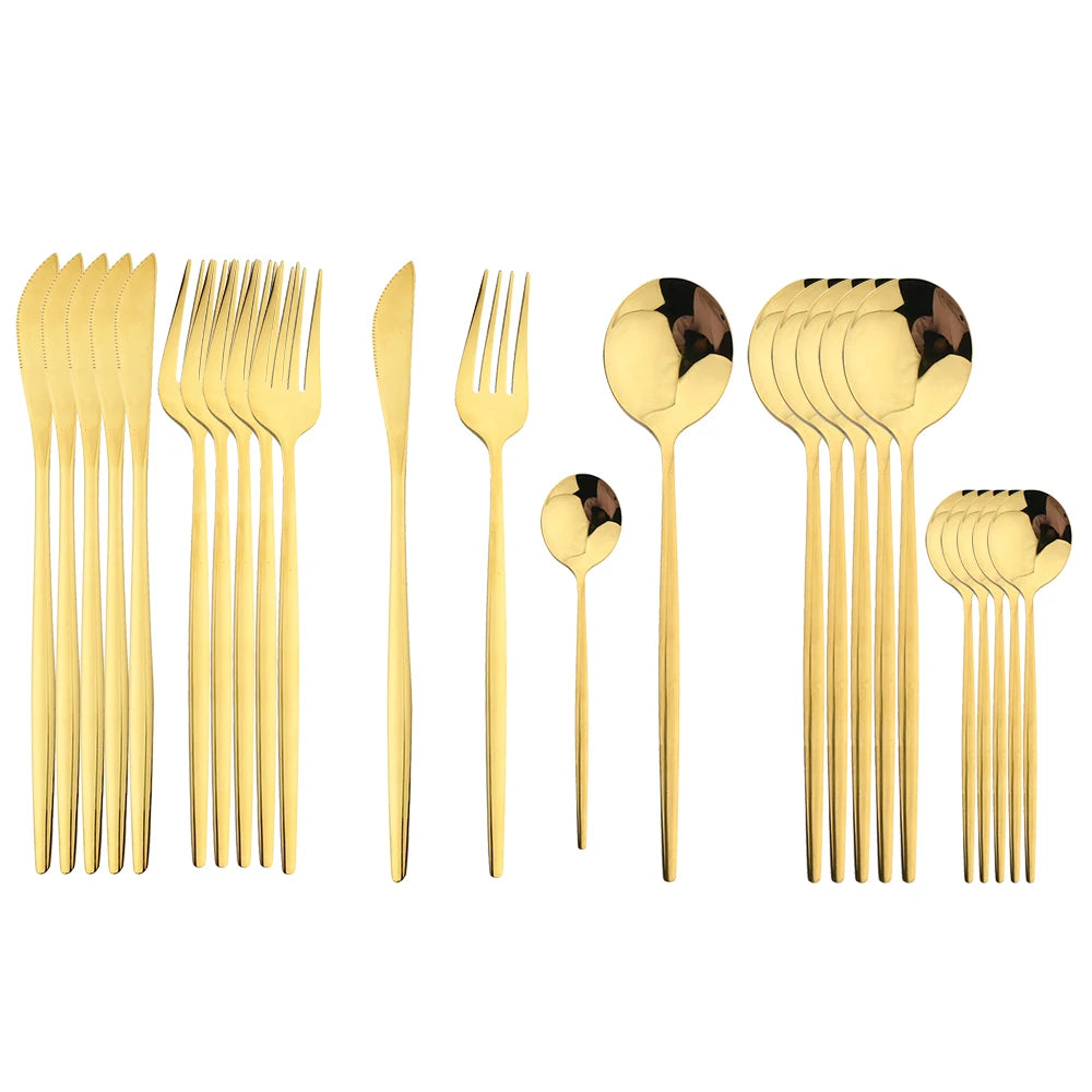 24-teiliges Besteckset – Goldfarbenes Edelstahlbesteck mit schwarzem Griff, Messer, Gabel, Löffel, Geschenkset