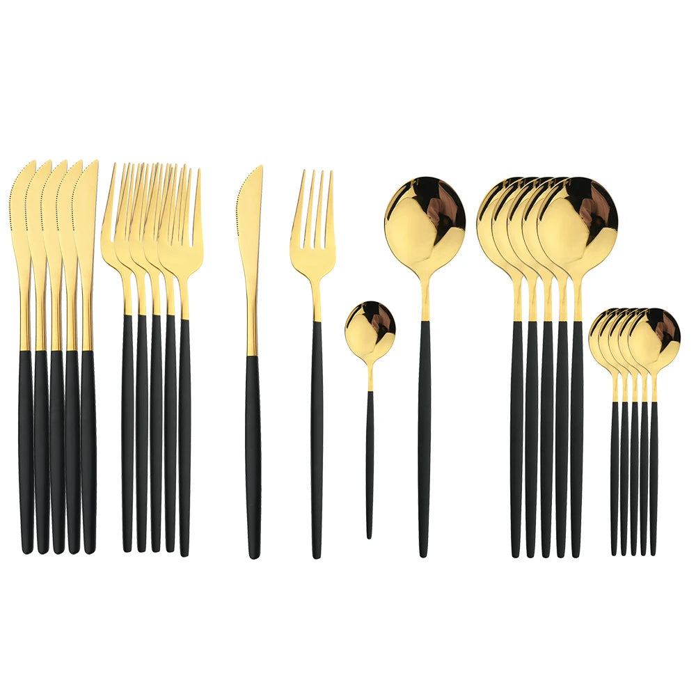 24-teiliges Besteckset – Goldfarbenes Edelstahlbesteck mit schwarzem Griff, Messer, Gabel, Löffel, Geschenkset