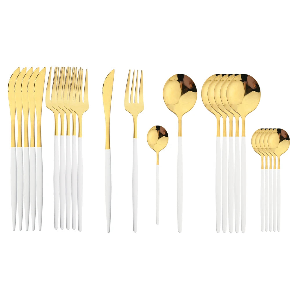 24-teiliges Besteckset – Goldfarbenes Edelstahlbesteck mit schwarzem Griff, Messer, Gabel, Löffel, Geschenkset