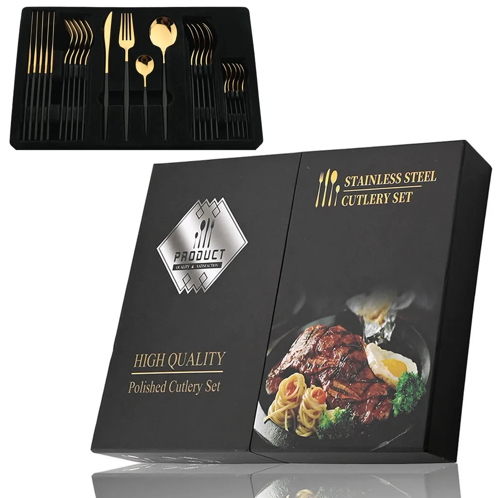 24-teiliges Besteckset – Goldfarbenes Edelstahlbesteck mit schwarzem Griff, Messer, Gabel, Löffel, Geschenkset