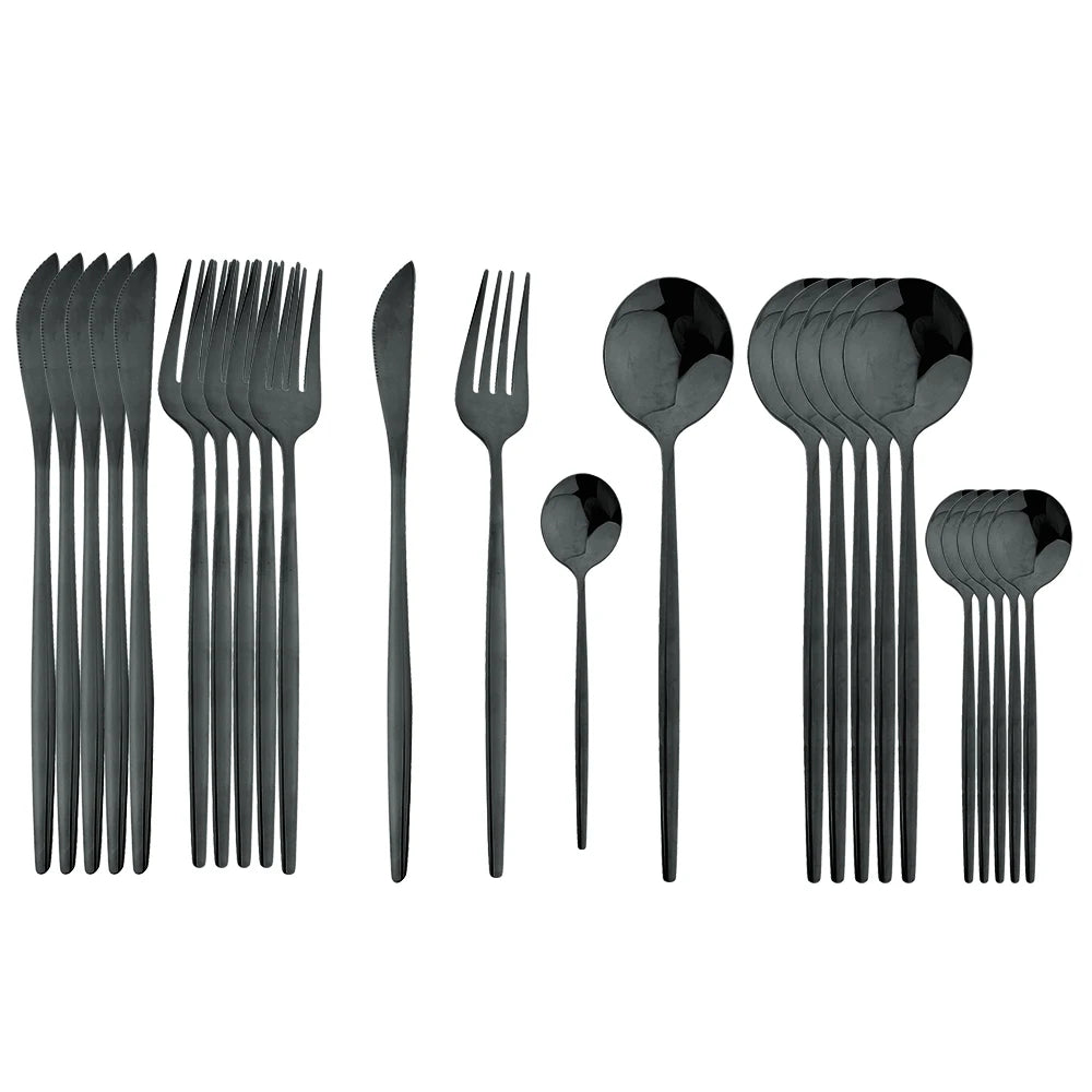 24-teiliges Besteckset – Goldfarbenes Edelstahlbesteck mit schwarzem Griff, Messer, Gabel, Löffel, Geschenkset