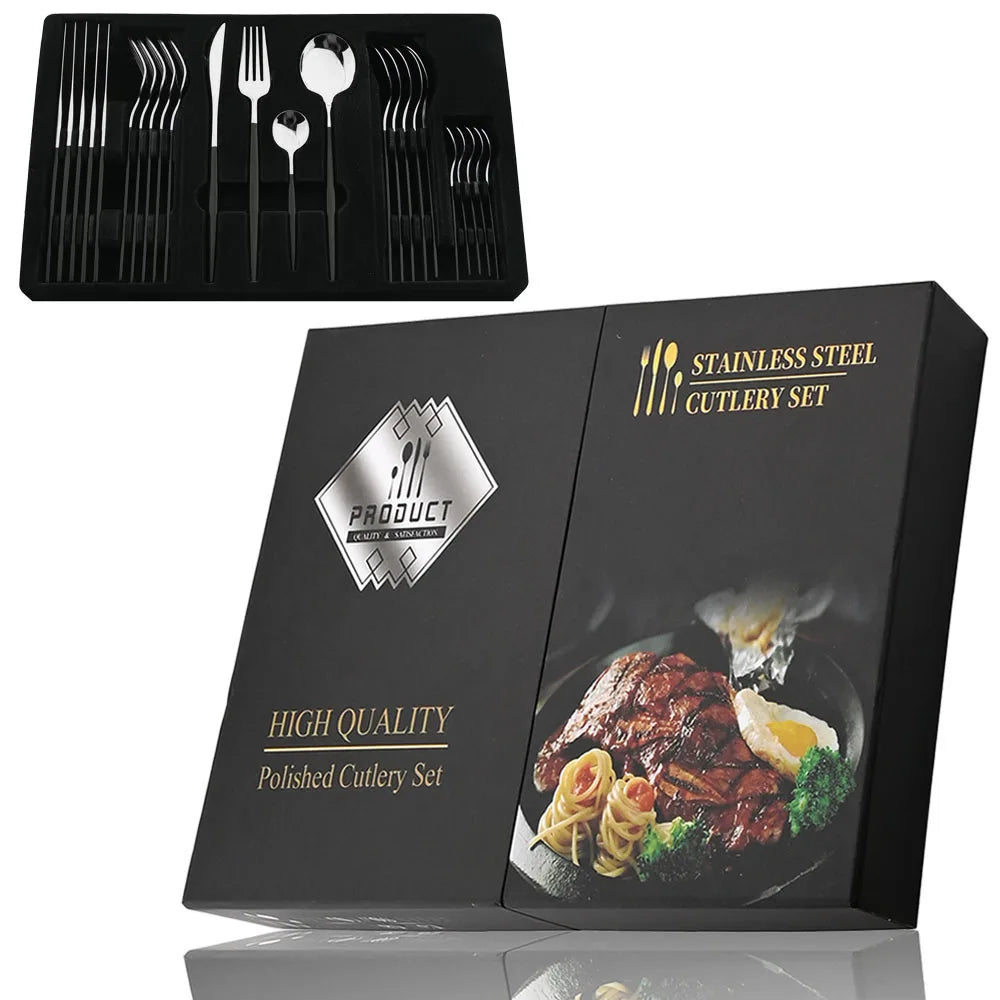 24-teiliges Besteckset – Goldfarbenes Edelstahlbesteck mit schwarzem Griff, Messer, Gabel, Löffel, Geschenkset