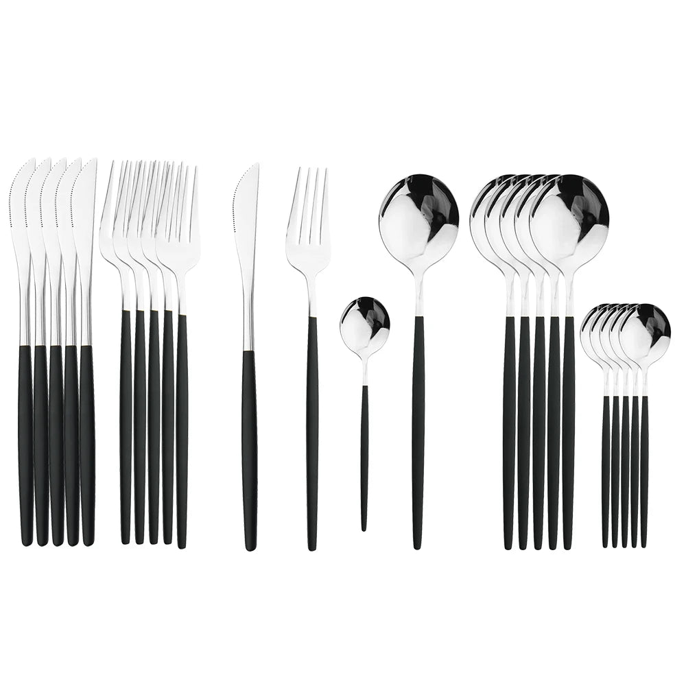 24-teiliges Besteckset – Goldfarbenes Edelstahlbesteck mit schwarzem Griff, Messer, Gabel, Löffel, Geschenkset