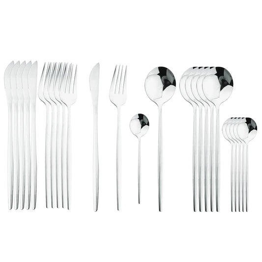 24-teiliges Besteckset – Goldfarbenes Edelstahlbesteck mit schwarzem Griff, Messer, Gabel, Löffel, Geschenkset