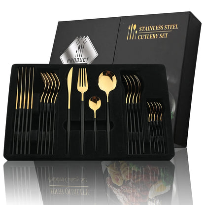 24-teiliges Besteckset – Goldfarbenes Edelstahlbesteck mit schwarzem Griff, Messer, Gabel, Löffel, Geschenkset