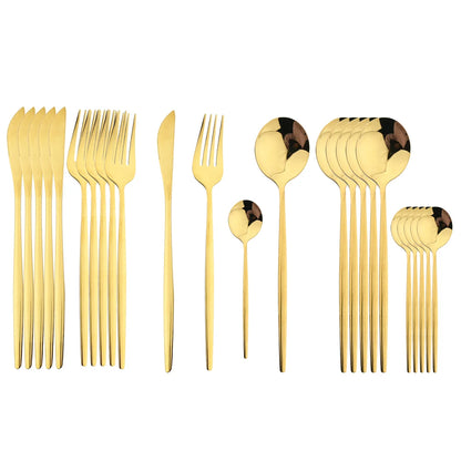 24-teiliges Besteckset – Goldfarbenes Edelstahlbesteck mit schwarzem Griff, Messer, Gabel, Löffel, Geschenkset
