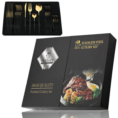 24-teiliges Besteckset – Goldfarbenes Edelstahlbesteck mit schwarzem Griff, Messer, Gabel, Löffel, Geschenkset