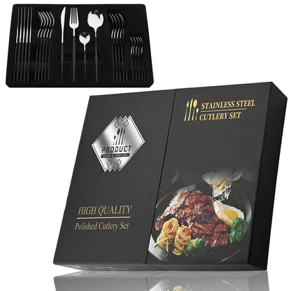 24-teiliges Besteckset – Goldfarbenes Edelstahlbesteck mit schwarzem Griff, Messer, Gabel, Löffel, Geschenkset