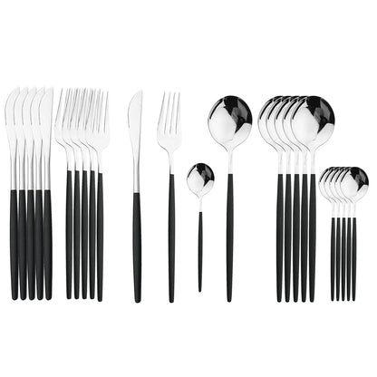 24-teiliges Besteckset – Goldfarbenes Edelstahlbesteck mit schwarzem Griff, Messer, Gabel, Löffel, Geschenkset